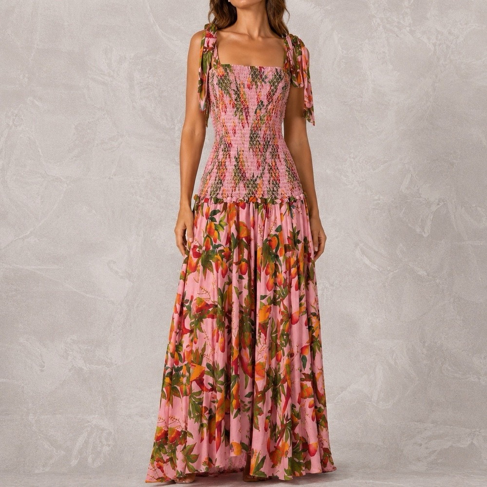 Farm Rio Mango Trees Smocked Bodice Midi Dress Womens Medium Pink Tropical